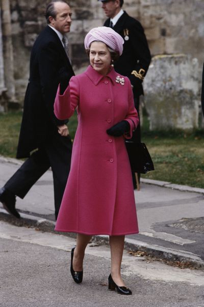 Queen Elizabeth II attending the wedding of Norton Knatchbull, grandson of Earl Mountbatten, and Penelope Eastwood, at Romsey Abbey, in Romsey, Hampshire, England, Great Britain, 20 October 1979