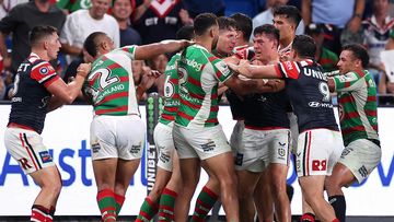 Joseph Manu of the Roosters scuffles with Cameron Murray of the Rabbitohs during the round three NRL match between Sydney Roosters and South Sydney Rabbitohs at Allianz Stadium on March 17, 2023 in Sydney, Australia. (Photo by Mark Kolbe/Getty Images)