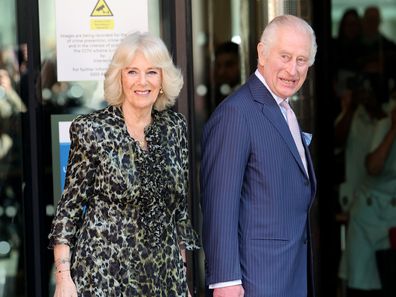 Queen Camilla and King Charles III arrive at the University College Hospital Macmillan Cancer Centre on April 30, 2024 in London, England.