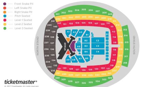 A stadium chart for the UK tour reveals Swift is selling tickets for 'Snake Pits' close to the stage. (Ticketmaster)
