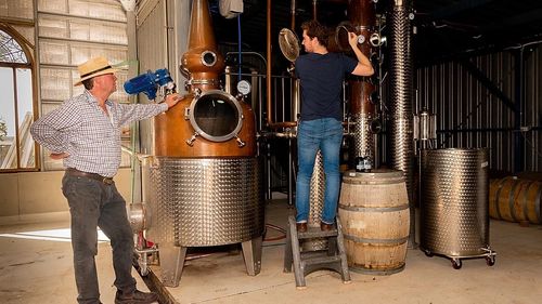 Toby Jones and his son Nick Jones at Bathurst Grange Distillery.