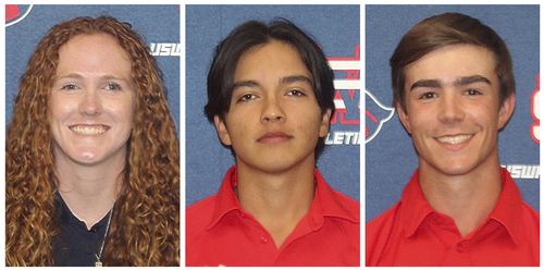 This combo of undated photos provided by the University of the Southwest, shows from left, golfers Karisa Raines, Mauricio Sanchez and Tiago Sousa.  (University of the Southwest via AP)