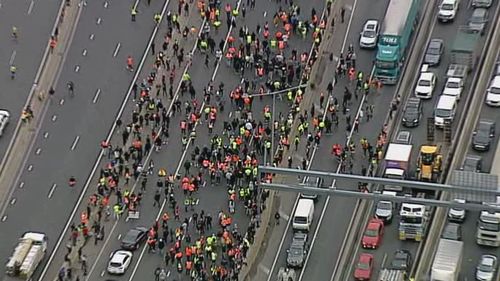 Protesters on the West Gate Freeway in Melbourne.