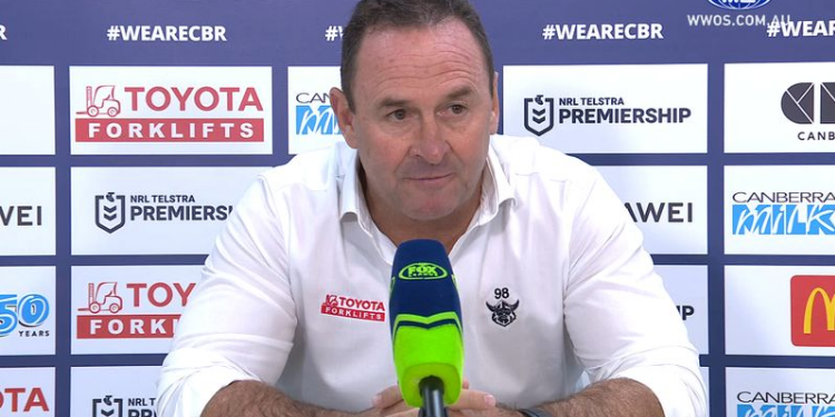 Canberra Raiders coach Ricky Stuart leaves press conference without answering a question