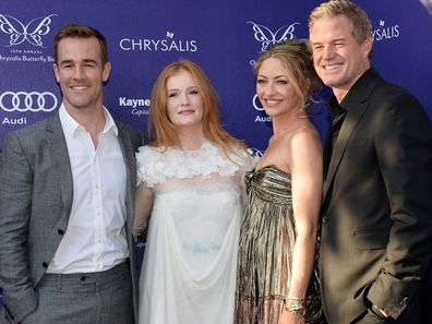 James Van Der Beek, wife Kimberly, with fellow actor Eric Dane and wife Rebecca Gayheart in 2014.
