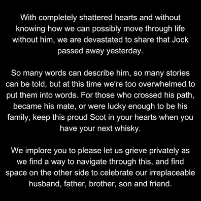 Jock Zonfrillo's family's statement confirming MasterChef judge's death.