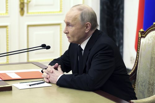 Russian President Vladimir Putin chairs a Security Council meeting in Moscow, Russia, Thursday, April 11, 2024 