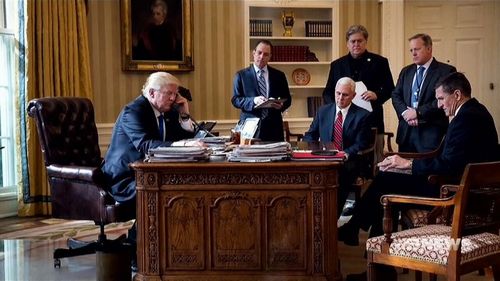 This photograph shows Mr Trump's high-level White House Staff when he became president.