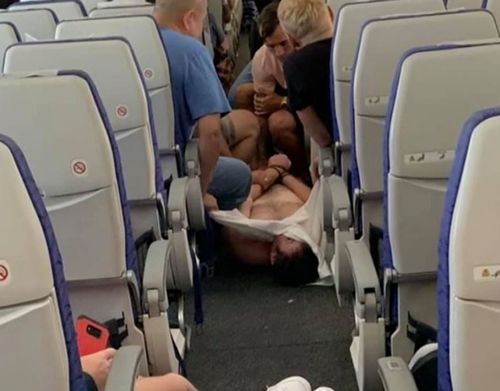 An all-out brawl on the plane ensued and the shirtless man eventually was restrained.