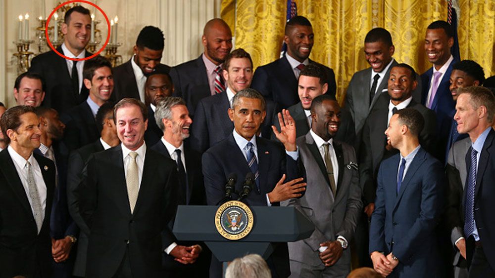 Andrew Bogut (top left) and his Golden State Warriors teammates meet President Obama at the White House. (Getty) 