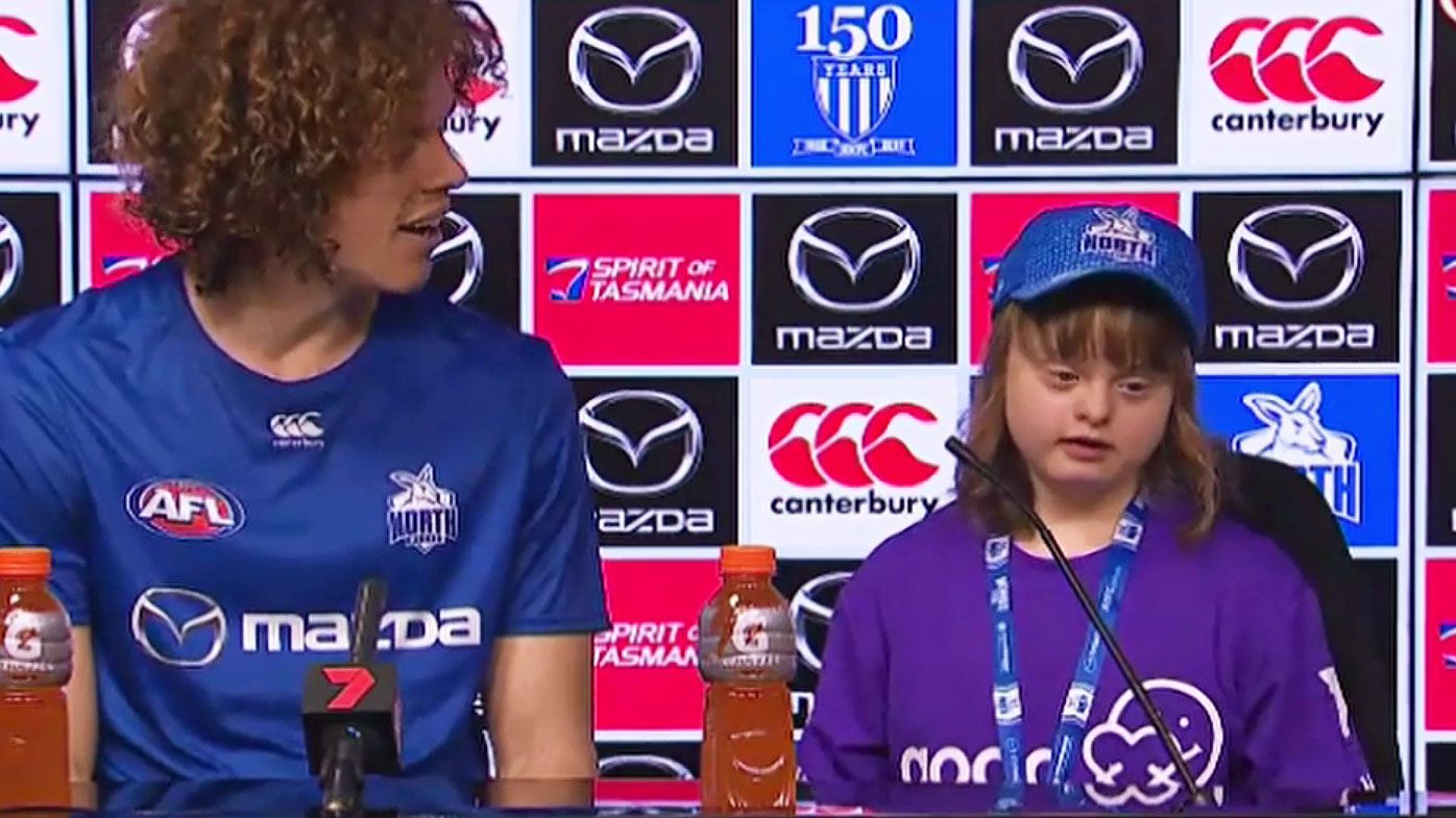 AFL: Ben Brown's 14-year-old cousin, Grace, steals hearts at 'Roos press conference