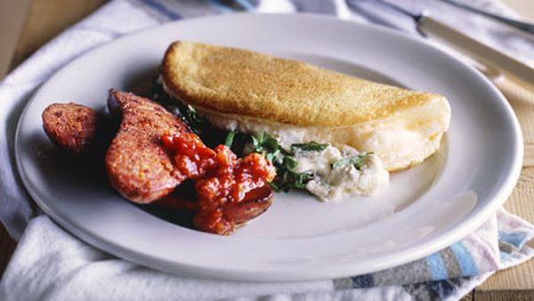 Goat's cheese souffle omelette with chorizo