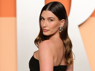 Hailey Bieber at the 2025 Vanity Fair Oscar Party at Wallis Annenberg Center for the Performing Arts on March 2, 2025 in Beverly Hills, California.  