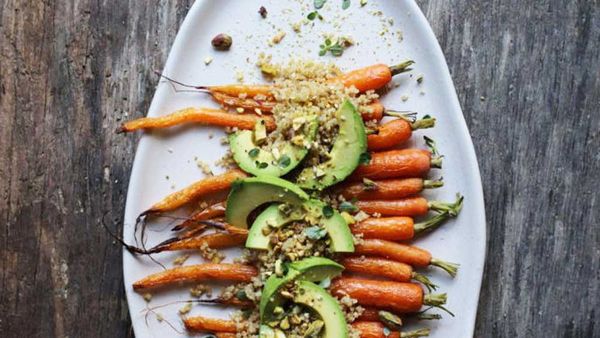 Roast carrot and fermented black garlic dukkah sprouted quinoa recipe