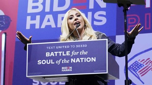 Lady Gaga speaking at a Biden event in Pennsylvania.