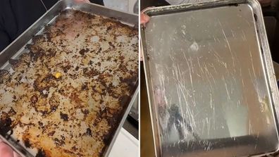 Before-and-after a baking tray cleaned with dishwasher tablet