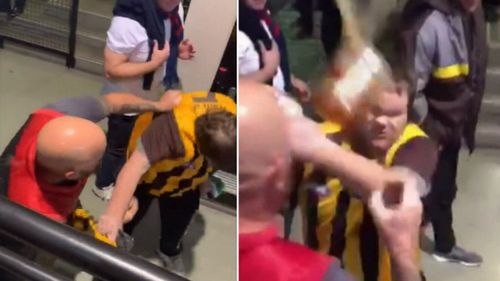 The Melbourne fan appears to punch the Hawthorn supporter before onlookers intervene.