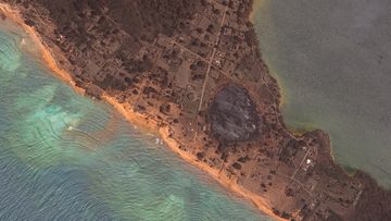 This satellite image provided by Maxar Technologies shows an overview of the damage on Nomuka in the Tonga island group on January 20 after the natural disaster. 