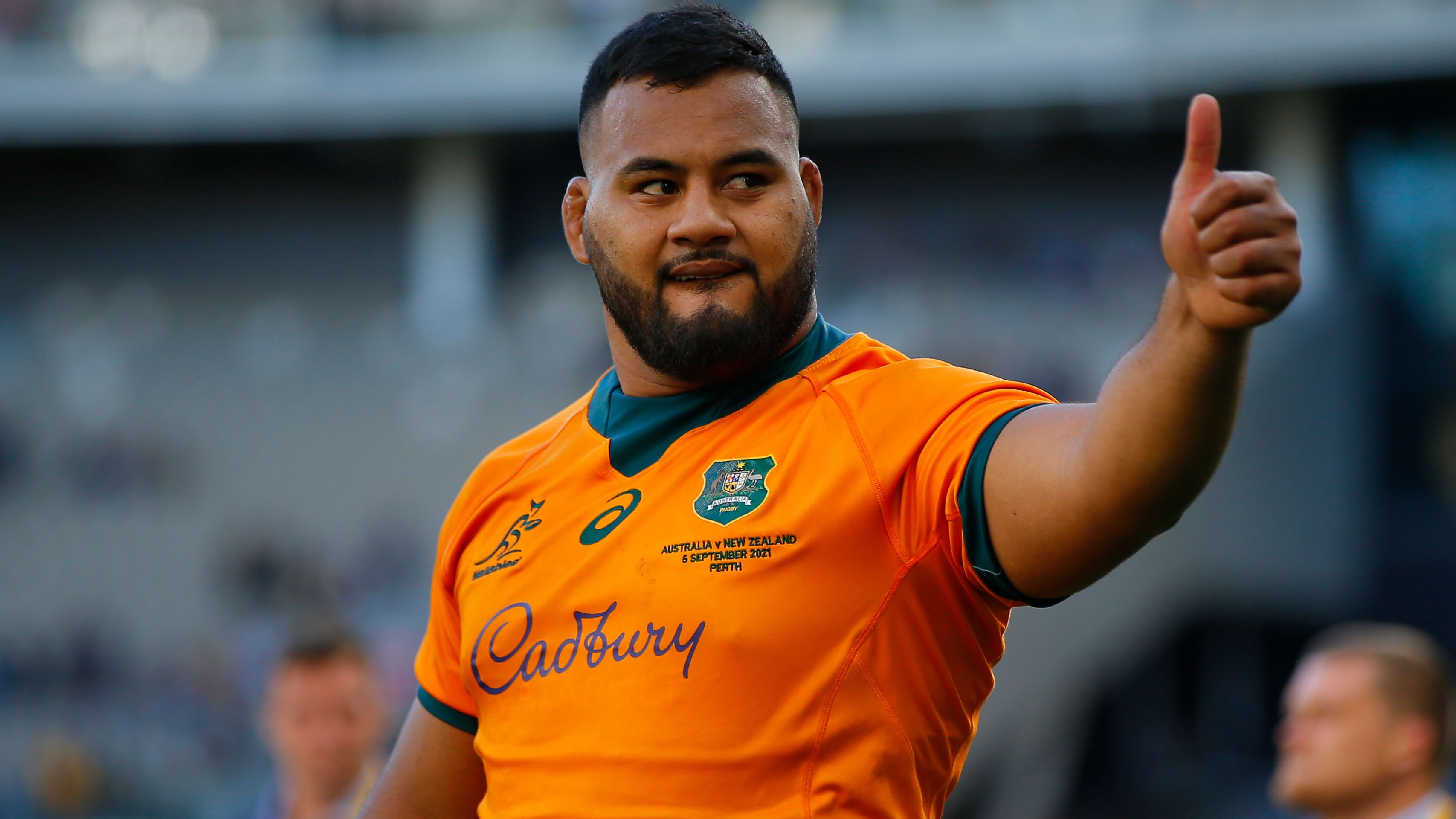Taniela Tupou of the Wallabies reacts towards the crowd after a Bledisloe Cup match in 2021.