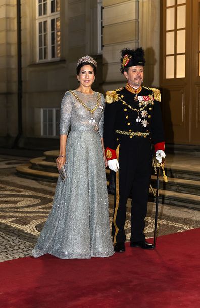Crown Princess Mary of Denmark and Crown Prince Frederik of Denmark arrive at Queen Margrethe of Denmark's New Year's levee and banquet at Amalienborg Royal Palace on January 1, 2023.