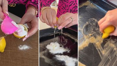 Lynsey Crombie, cleaning expert, uses baking soda and a lemon to scrub greasy oven tray, cleaning hack