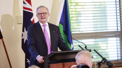 Anthony Albanese speaks to Members of the Labor Government in the caucus meeting on May 09, 2025 in Canberra, Australia.