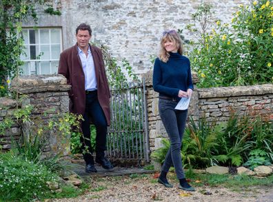 Dominic West and wife Catherine FitzGerald make a statement to press outside their Cotswolds home after Dominic was seen kissing actress Lily James whilst in Rome on October 13, 2020 in Cotswolds, England. 