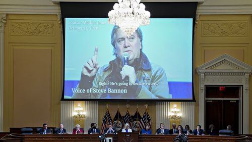 A committee exhibit showing former White House strategist Steve Bannon, as the House select committee investigating the Jan. 6 attack on the U.S. Capitol holds a hearing at the Capitol in Washington, Tuesday, July 12, 2022. (Al Drago/Pool via AP)