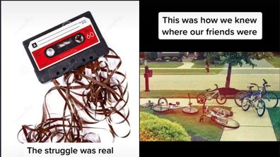 Left: an unwound cassette player, Right: a bunch of bikes piled up against a tree.