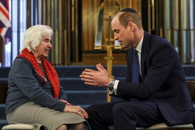Prince William speaks with Renee Salt, 94, a Holocaust survivor, at the Western Marble Arch Synagogue, in London, Britain, Feb. 29, 2024 