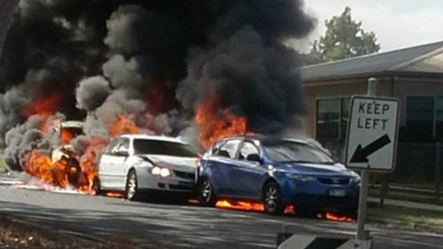 The driver allegedly crashed one of the stolen cars, leaving it in a fiery mess in Leongatha. (Crime Watch Victoria)