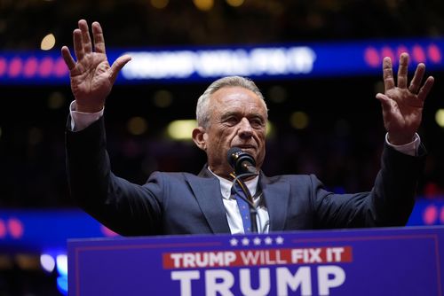 Robert F. Kennedy Jr. speaks before Republican presidential candidate former President Donald Trump at a campaign rally at Madison Square Garden, Sunday, Oct. 27, 2024, in New York. (AP Photo/Alex Brandon)