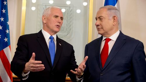Israeli Prime Minister Benjamin Netanyahu welcomes US Vice President Mike Pence in Jerusalem, Israel, on January 22, 2018. (AAP) 