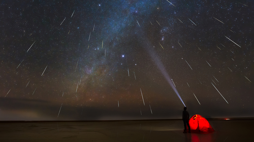 Geminids meteor shower in 2018 over lake in Erenhot, Inner Mongolia, China.
