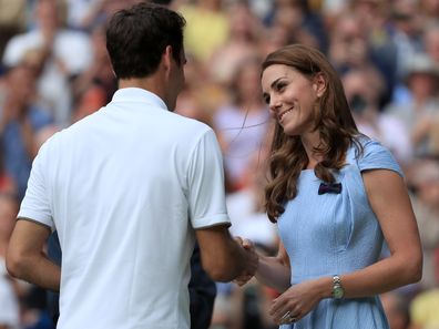 Catherine, Duchess of Cambridge consoles Roger Federer after his loss to Novak Djokovic at Wimbledon 2019.