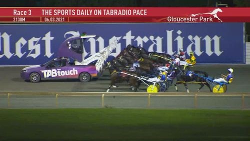 The harness race at the Perth track was held up for more than 30 minutes during the incident.