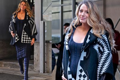 Blake warms up in this navy blue wrap at a New York City event.