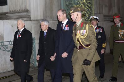 Prince William , centre, attends the Dawn Service at the Australia Memorial at Hyde Park to mark Anzac Day (Australian and New Zealand Army Corps) organised by the Australian High Commission, in conjunction with the New Zealand High Commission, in London, Tuesday, April 25, 2023. From left; New Zealand High Commissioner Phil Goff, Australia High Commissioner Stephen Smith, Prince William, and Brigadier Grant Mason.