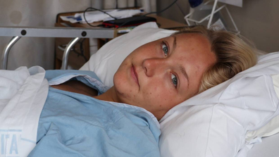 Johanna Langner in Dunedin Hospital, after a cliff top rescue at Tunnel Beach in late 2018.