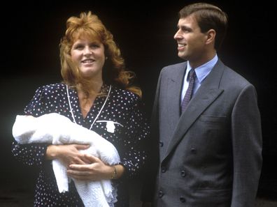 Prince Andrew, Duke of York, and Sarah, Duchess of York, leave Portland Hospital, London, with their newborn daughter Princess Beatrice, 12th August 1988. 