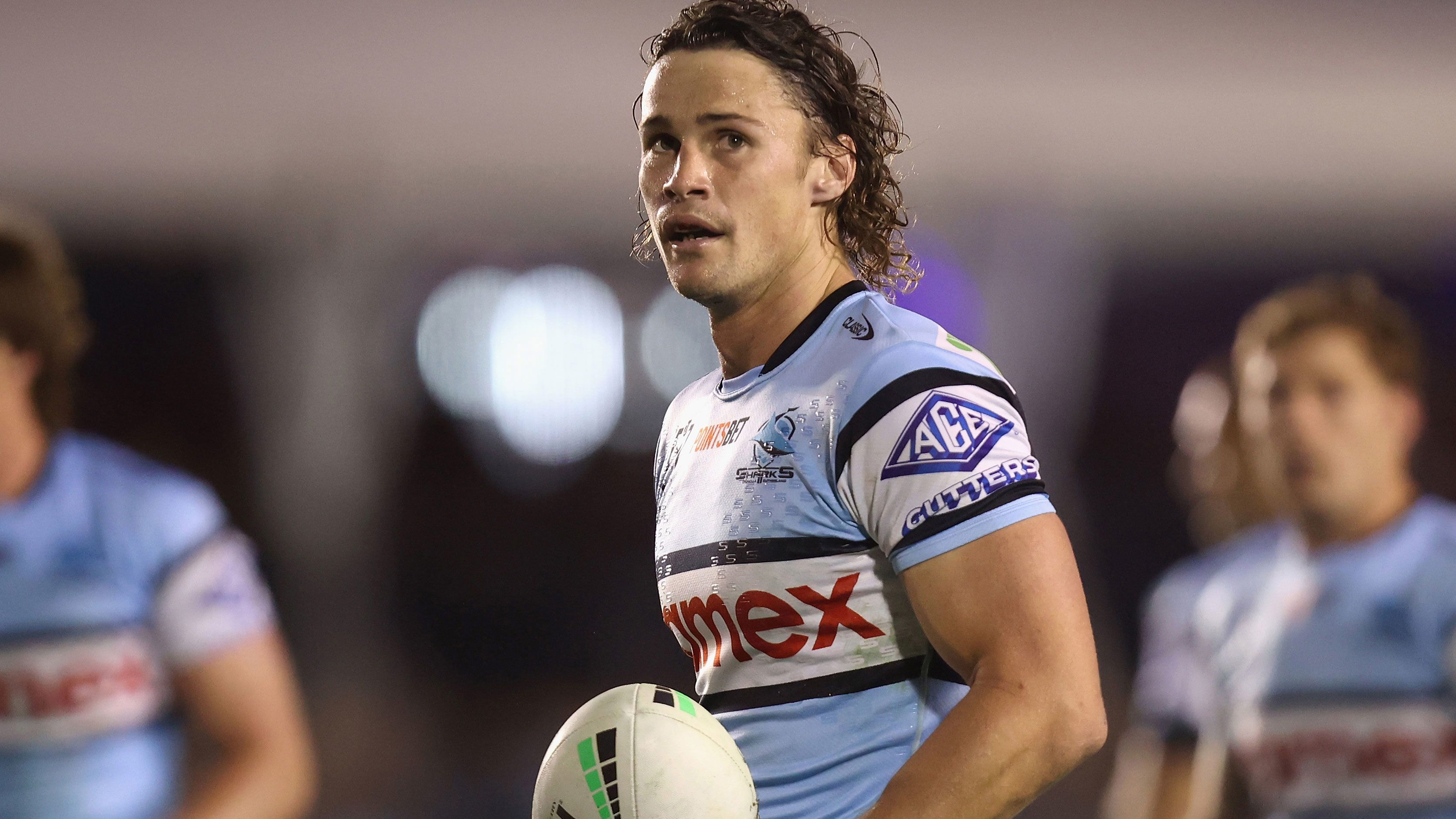 Sharks star Nicho Hynes looks on during the round 21 match against the Manly Sea Eagles. 