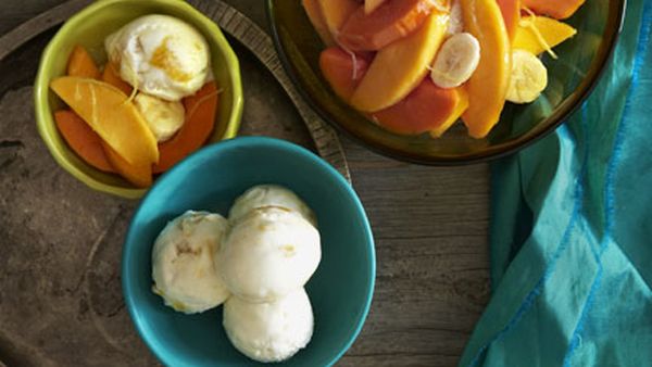 Mango yoghurt sorbet with tropical fruit