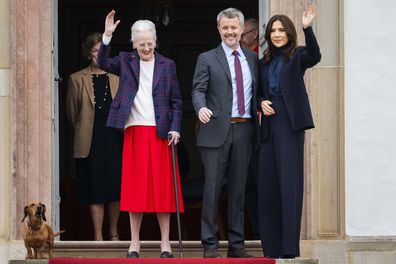 FREDENSBORG, DENMARK - APRIL 16: (L-R) Queen Margrethes dog Tilia, Queen Anne-Marie of Greece, Queen Margrethe of Denmark, King Frederik X of Denmark and Queen Mary of Denmark attend the 86th Birthday celebrations of Queen Margrethe II of Denmark on April 16, 2026 in Fredensborg, Denmark. (Photo by Martin Sylvest Andersen/Getty Images)
