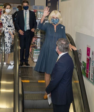 amilla, Duchess of Cornwall wears a face mask during a visit to Boots Piccadilly Store to hear about their support of the charity Hestia's Safe Spaces programme for victims of domestic violence as well as to learn about the company's response to the coronavirus crisis on July 28, 2020 in London, England