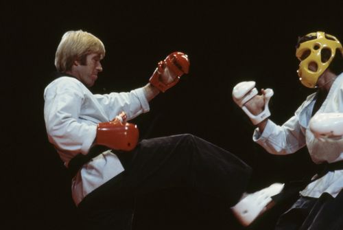 Chuck Norris competing in exhibition round in International Karate Tournament, appearing on the ABC tv series 'Wide World of Entertainment'. 