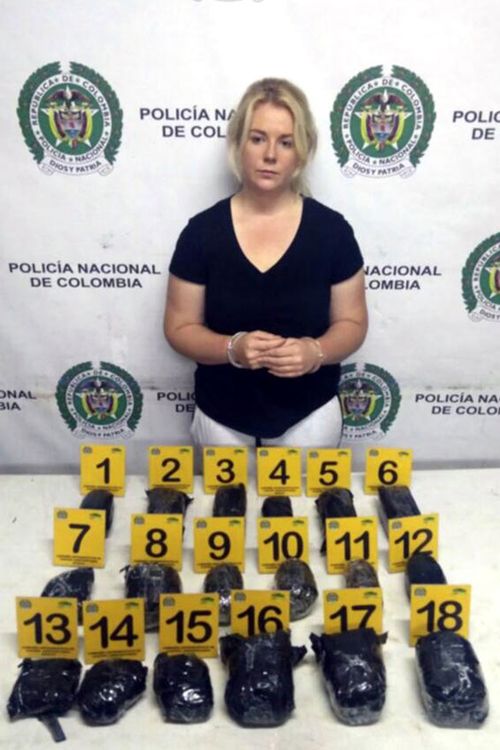 Cassie Sainsbury with cocaine she was trying to smuggle out of Colombia.