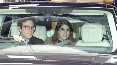 Jack Brooksbank and Princess Eugenie of York depart the Portland Hospital for Women on February 12, 2021 in London, United Kingdom