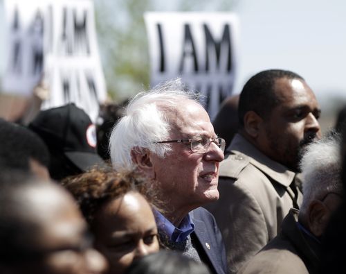 Democrat Bernie Sanders joins the large crowds reflecting on MLK's legacy in Memphis. (AAP)