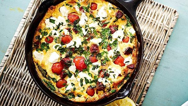 Chorizo, tomato and feta pan omelette