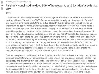 The woman has explained the imbalance of domestic duties on Reddit.